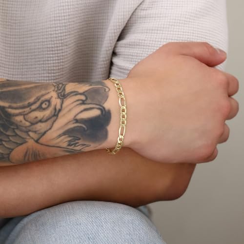 Nuragold 14K Real Yellow Gold Figaro Link Chain Bracelet for Men & Women - 7.5",5.5mm