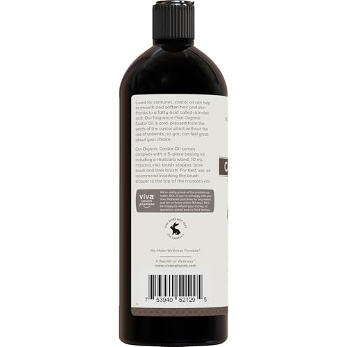 Viva Naturals Organic Castor Oil, Cold-Pressed, 16 fl oz – For Face, Hair, Eyelashes, USDA Organic, Non-GMO - With Beauty Kit