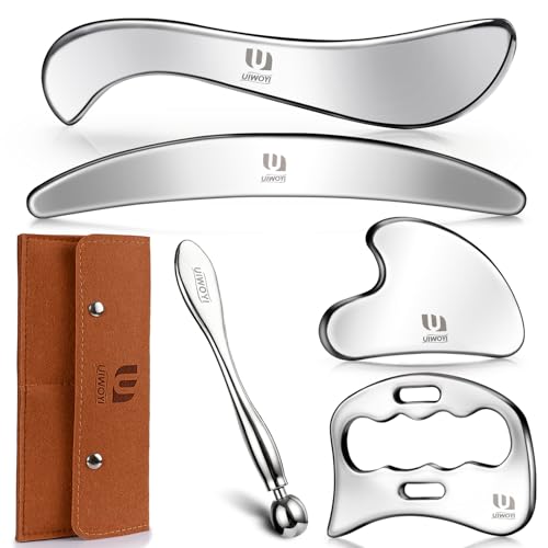 UIWOYI 5 in 1 304 Stainless Steel Gua Sha Tools Set, Premium Facial & Full Body Scraping Massage Kit