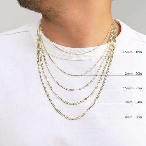 Nuragold 10K Real Yellow Gold Cuban Curb Solid Italian Link Chain Necklace - 22",2.5mm