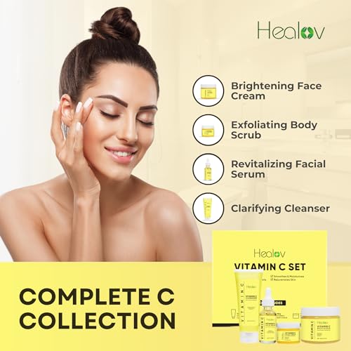 Vitamin C Skincare Set – Hydrating Facial Cleanser, Exfoliating Body Scrub, Face Cream & Anti Aging Serum – Vit C Reduces Dullness, Fine Lines, Wrinkles, Dark Circles – Travel Kit for Youthful Skin