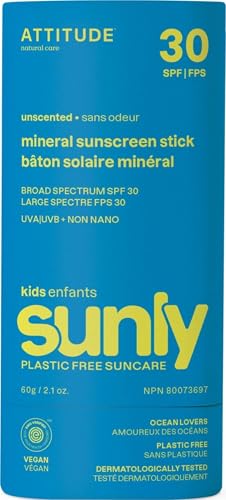 ATTITUDE Mineral Sunscreen Stick for Kids, SPF 30, EWG Verified, Plastic-Free, Broad Spectrum UVA/UVB Protection with Zinc Oxide, Dermatologically Tested, Vegan, Unscented, 2.1 Ounces