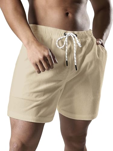 JOTOOK Men's Casual Drawstring Corduroy Shorts Elastic Waist Summer Shorts with Pocket Small Beige