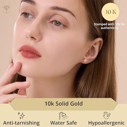 Solid 10K Gold Clover Studs with Cubic Zirconia | Hypoallergenic Stud Earrings for Women | Anti-Tarnishing Real Gold Clover Earrings Small Stud Earrings by MAX + STONE