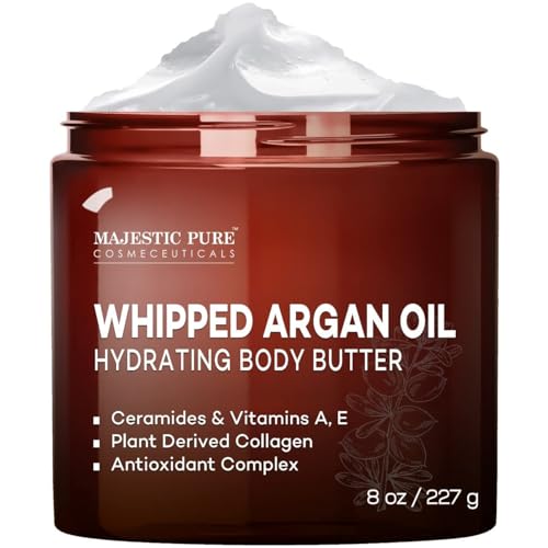 MAJESTIC PURE Whipped Argan Oil Body Butter for Women & Men - With Ceramides, Vitamin E & A & Vegan Collagen - For Skin, Face, & Appearance of Wrinkles & Fine Lines - 8oz