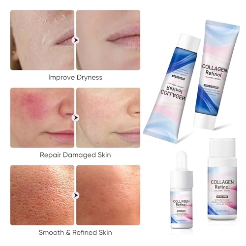 YAFUSIPE Travel Skincare Set, Collagen Retinol Face Wash, Toner, Anti-Aging Serum & Moisturizer Cream Travel Essentials Toiletries Kit for Women, Cleanser & Skincare Skin Routine Kit