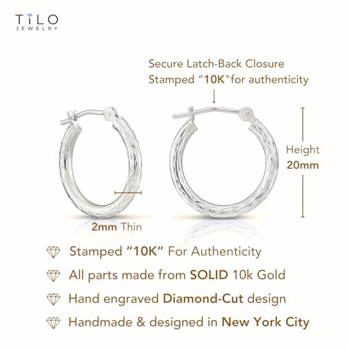 10K White Gold Hand Engraved Full Diamond-cut Round Hoop Earrings