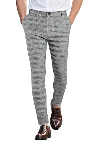 GINGTTO Mens Slim Fit Dress Pants Stretch Plaid Grey Chino Pants Men Skinny Checkered Tapered Slacks 32W x 30L