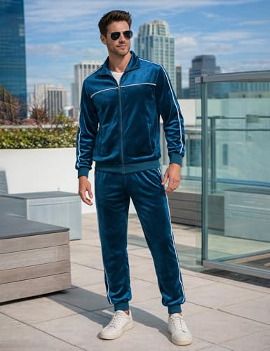 PPONE Velour Mens Tracksuits 2 Piece Sweatsuits Jogging Outfits for Men Leisure Full Zip Velvet Suit Jacket Pants Set