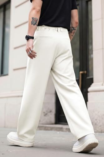 Heyfanee Mens Casual Dress Pants Loose Fit Wrinkle Free Chino Pants for Men Relaxed Fit Slacks White 34