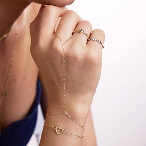 Gelin Dainty Beaded Hand Chain Bracelet for Women in 10K Solid Gold, Adjustable