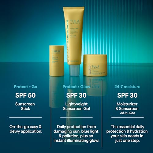 TULA Skin Care Protect + Glow Daily Sunscreen - Gel, Broad Spectrum SPF 30, Skincare-First, Non-Greasy, Non-Comedogenic and Reef-Safe with Pollution and Blue Light Protection, Regular, 1.7 fl oz.