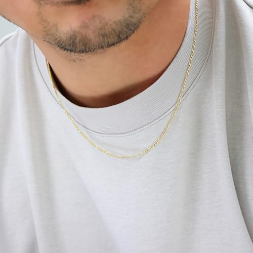 Nuragold 10k Real Yellow Gold Figaro Link Pave Diamond Cut Chain Necklace - 20",2mm