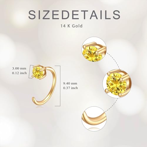 10K Solid Gold Huggie Half Hoop Birthstone Earrings for Women, Gold Citrine Colored Gemstone Tiny Cartilage Earring Hypoallergenic Jewelry Anniversary Birthday Gift 10mm