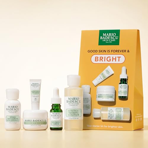Mario Badescu Good Skin Is Forever & Bright 5-Piece Skincare Set – Glycolic Cleanser, Vitamin C Serum, Hydro Moisturizer, Brightening Mask & Eye Serum for Radiance