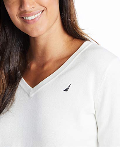 Nautica womens Effortless J-class Long Sleeve 100% Cotton V-neck Sweater, Marshmallow, X-Small US