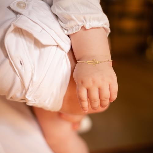 MIONZA Jewelry 14k Solid Gold Cross Bracelet for Women, Teen Girls, Baby | Real Sideways Adjustable Cross Bracelet | Gold Plated Bracelet for Women | Christian Baptism Gift