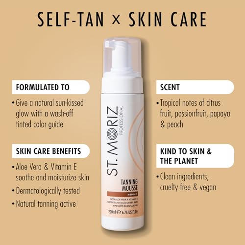 St Moriz Professional Medium Self Tanner Mousse - Sunless Instant Self Tanning Foam for a Deep, Natural Looking Fake Tan - With Aloe Vera & Vitamin E (6.76 fl oz)