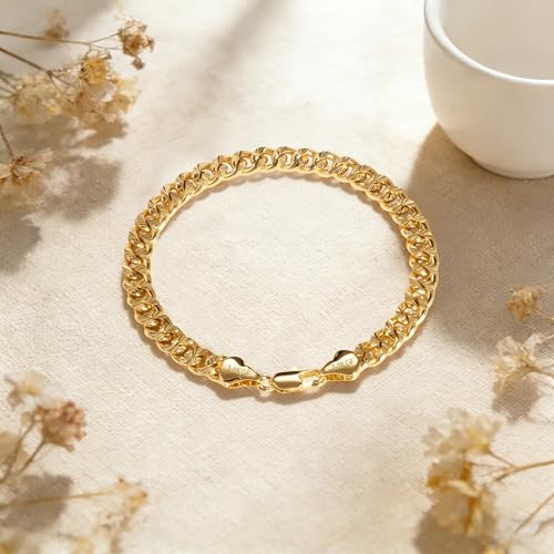 Porment 6.5mm 14K Gold Cuban Bracelets for Men & Women Dainty Stackable Cuban Link Chain for Men Fashion Simple Bracelet Non-tarnish Gold Jewelry Unisex Gift Lifetime Quality
