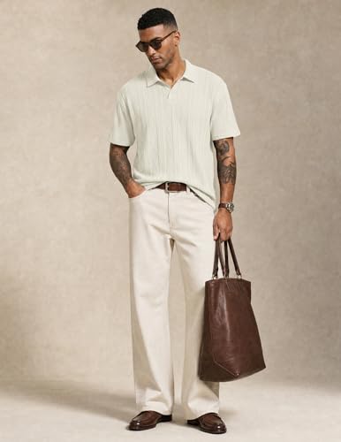 JMIERR Polo Shirts for Men Classic Fit Short Sleeve Loose Casual Soft Button Old Money Textured Cable Knit Shirt Quiet Luxury Clothes, XL, Beige