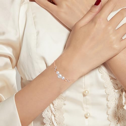 SISGEM 10k Rose Gold Created Moissanite and Freshwater Cultured Pearl Infinity Bracelet for Women, Real 14kt Gold Love Jewelry Gifts for Her, 6.8"-8.4"