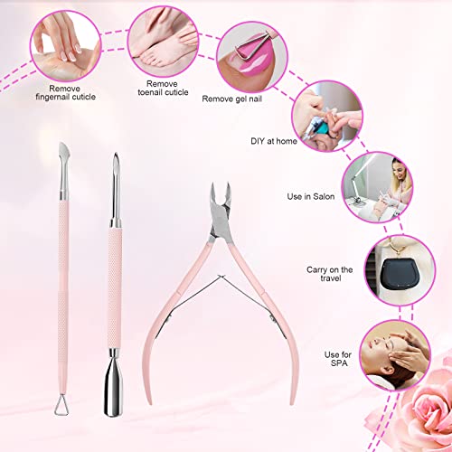 Makartt 3 Pcs Pink Cuticle Nipper Set, Stainless Steel Pusher & Scraper