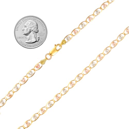 14k Tri Color Gold 3mm Heart Star Diamond Cut Chain Bracelet with Lobster Claw Clasp - 7"