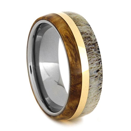 Black Ash, Deer Antler, 14k Yellow Gold 7mm Comfort-Fit Titanium Band and Sizing Ring, Size 6.5