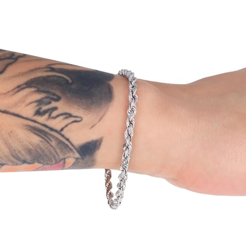 Nuragold 10k Real White Gold 4mm Rope Chain Diamond Cut Bracelet (7"-9") - 7.5"