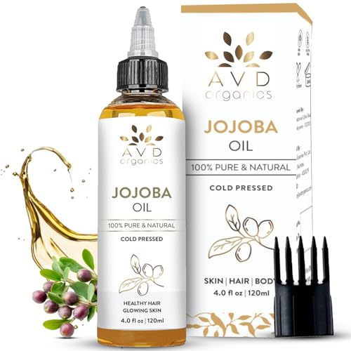 AVD ORGANICS Jojoba Oil for Hair (120ml Large) – Natural Cold-Pressed Unrefined Hexane Free huile de jojoba for Hair, Face, Scalp, Nails & Cuticles | Carrier Oil - 4.05 fl oz