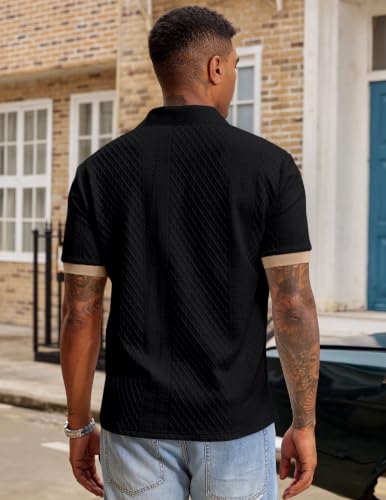 JMIERR Polo Shirts for Men Classic Fit Short Sleeve Casual Soft Button Old Money Textured Cable Knit Quiet Luxury Shirt, XL, Black