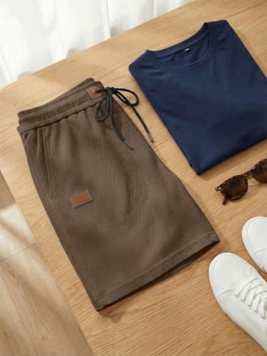 JMIERR Mens 5 Inch Shorts Summer Casual Waffle Stretch Waist Drawstring Shorts Lightweight Basketball Running SweatShorts, L,Light Brown