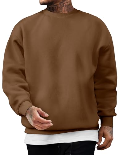 JMIERR Men's Casual Fleece Long Sleeves Crewneck Essential Sweatshirts Thick Cotton Pullover Sweatshirt for Men, Large, Brown