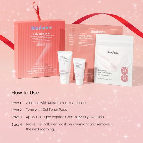 BIODANCE 7 Day Glow Up Kit: Collagen Gift Set for Glass-Skin, Korean Skin Care with Cleanser, Toner Pads, Moisturizer, Gel Masks, All-in-One Skin Care Set, Mothers Day Gifts