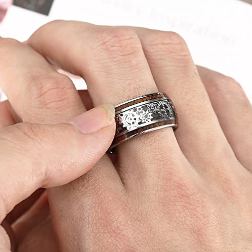 10mm Silver Tungsten Rings for Men Steampunk Gear & Wood Inlay Size 14