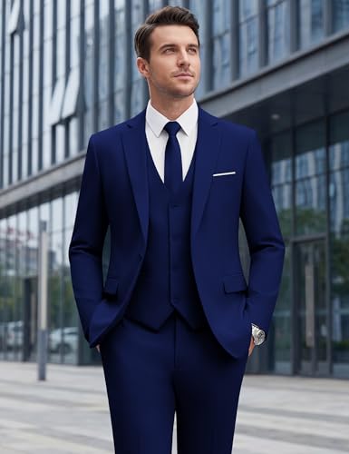 WULFUL Men’s Slim Fit Suit One Button 3-Piece Blazer Dress Business Wedding Party Jacket Vest & Pant Blue