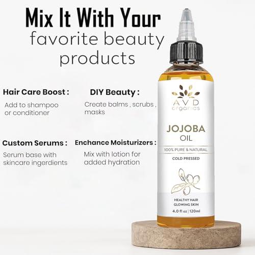 AVD ORGANICS Jojoba Oil for Hair (120ml Large) – Natural Cold-Pressed Unrefined Hexane Free huile de jojoba for Hair, Face, Scalp, Nails & Cuticles | Carrier Oil - 4.05 fl oz