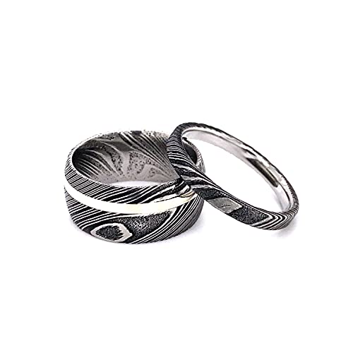 Matching Damascus Rings with 14k White Gold Inlay and Woodgrain Finish