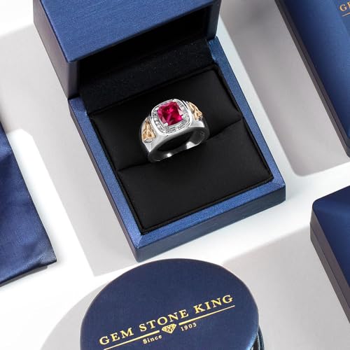 Gem Stone King Two-Tone Cushion Cut Ring for Men | Created Ruby | 9