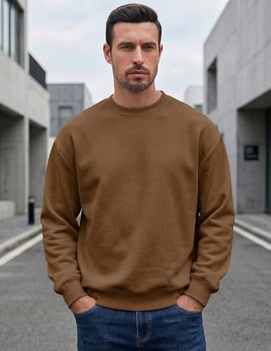 JMIERR Men's Casual Fleece Long Sleeves Crewneck Essential Sweatshirts Thick Cotton Pullover Sweatshirt for Men, Large, Brown