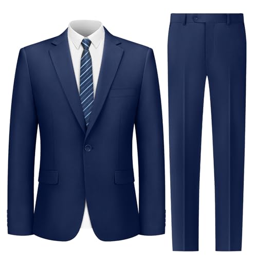Cooper & Nelson Men's Suit 2 Piece Set, One Button Slim Fit Tuxedo with Jacket Pants Tie for Wedding, Business, Prom Navy Blue L