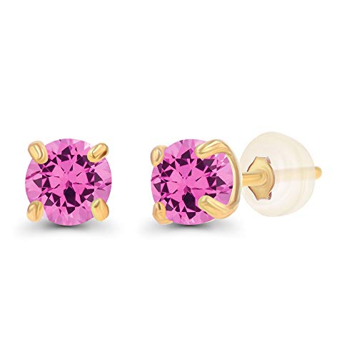 Genuine 10K Solid Yellow Gold 3mm Round Created Pink Sapphire Birthstone Stud Earrings For Women