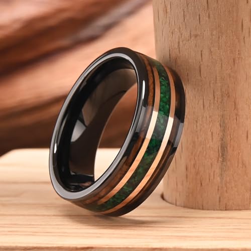 Concept Knight Tungsten Rings for Mens Wedding Band Inlaid Wood＆Green Opal