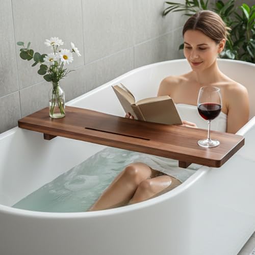 Acacia Wood Bathtub Tray Caddy, 35" L Adjustable for Freestanding Tub