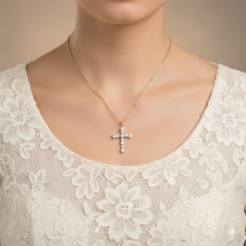 Jewelili 10K Yellow Gold Cross Pendant Necklace for Women