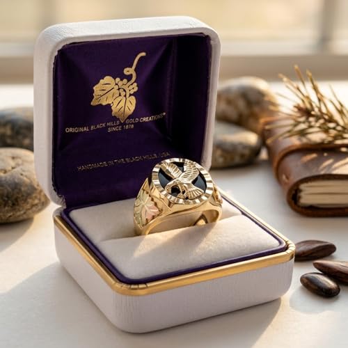 Men's Eagle Ring with Oval Onyx, 10k Yellow Gold, 12k Green and Rose Black Hills Gold Size 10.5