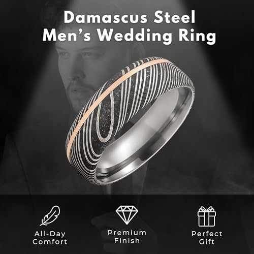 6mm Damascus Steel Men’s Wedding Ring – Rose Gold Inlay & Comfort Fit Band – Textured Black Grain – Custom Sizing Available (15)