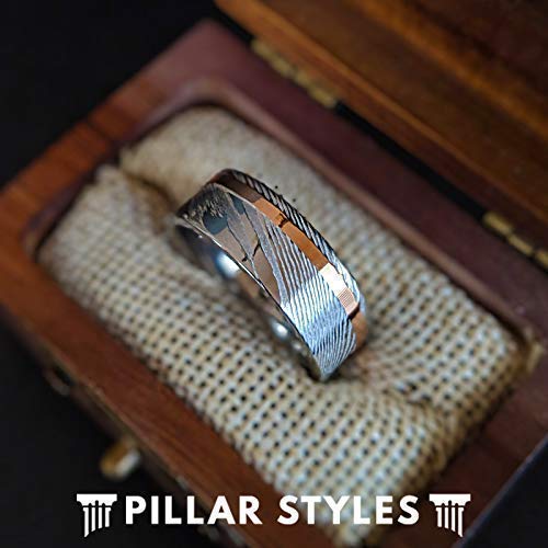 Damascus Rings Mens Wedding Band Silver and Rose Gold Ring 8mm Damascus Steel Ring with Offset 18K Rose Gold Inlay Comfort Fit Sizing Unique Anniversary Gifts for Him