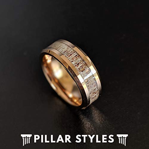 14K Rose Gold Tungsten Rings for Men Deer Antler Ring with Beveled Edges Rose Gold Wedding Band Stag Elk Rustic Anniversary Gifts for Him Promise Engagement Bands