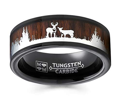 Metal Masters Men's Co. Black Tungsten Hunting Ring Wedding Band Wood Inlay Deer Stag Silhouette 9